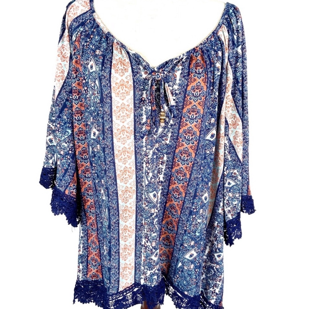 French Laundry blue / coral patterned peasant top